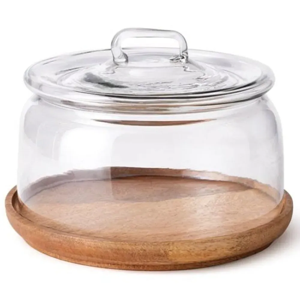 Adrian Glass Cloche Wood Tray - Clear, Brown image