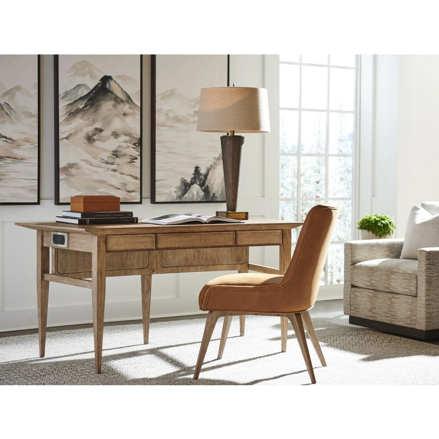 Aegis Office Desk with Woven Cane - Brown, Oak Wood