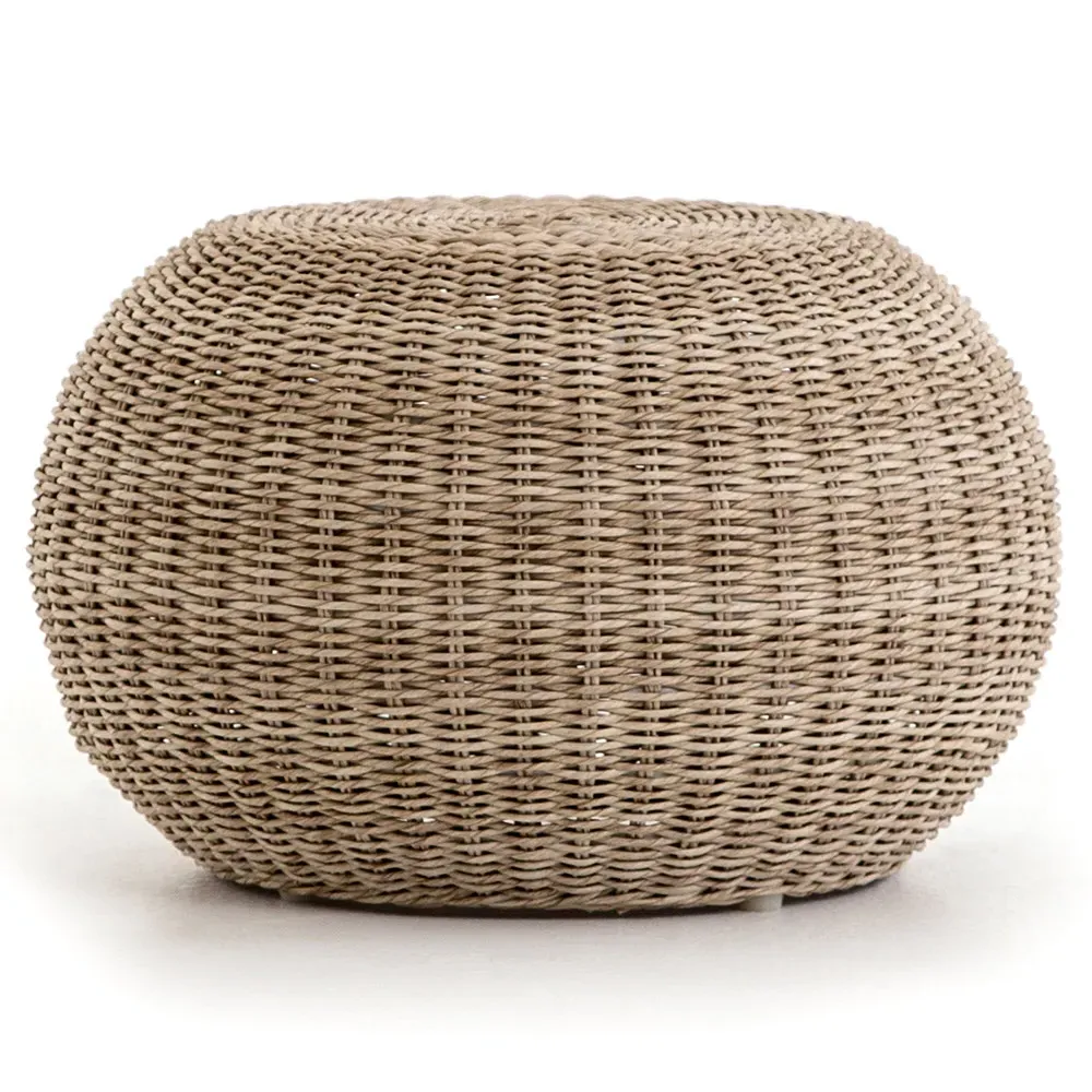 Airah Round Outdoor Ottoman - Beige, Wicker image