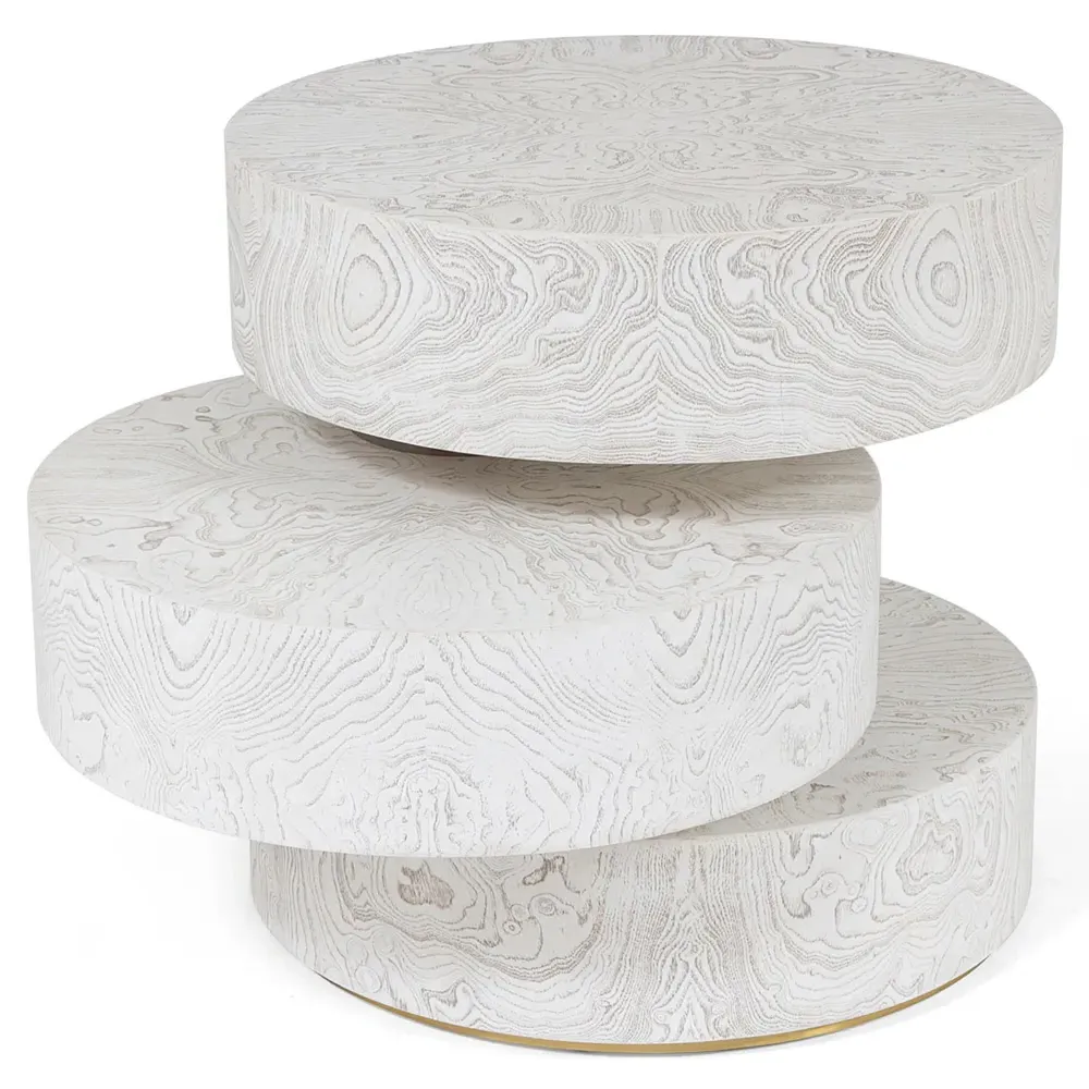 Alaric Round Side Table with Rotating Tiers - White, Poplar Wood