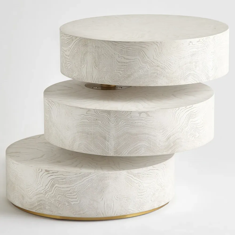 Alaric Round Side Table with Rotating Tiers - White, Poplar Wood