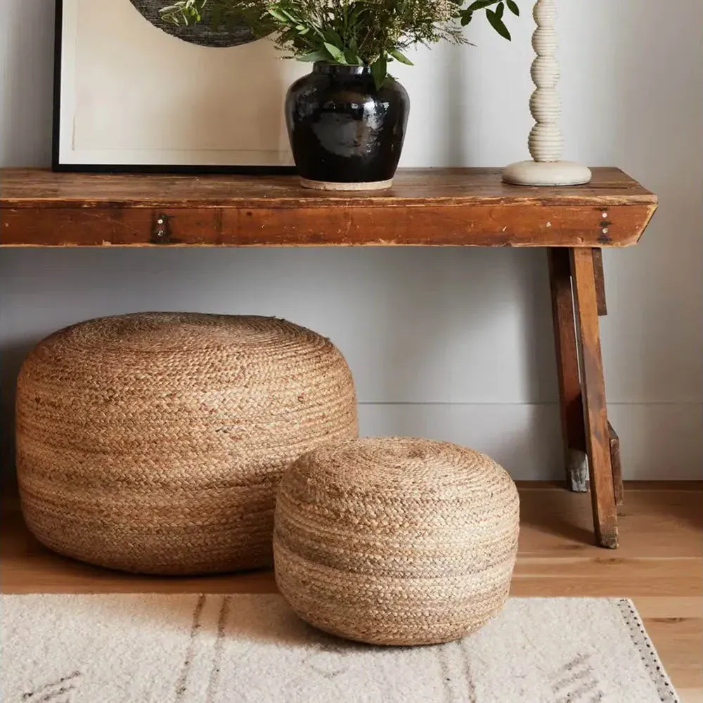 Aleena Round Pouf - Beige, Jute