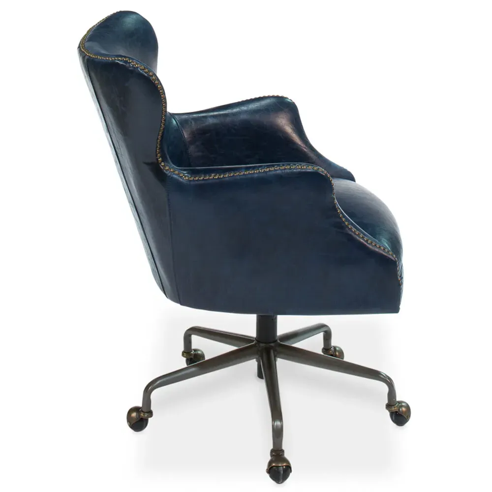 Alexander Swivel Office Chair with Nailhead Trim - Blue, Leather