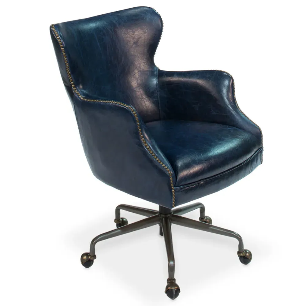 Alexander Swivel Office Chair with Nailhead Trim - Blue, Leather