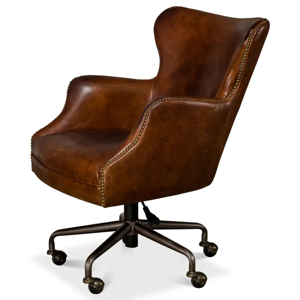 Alexander Swivel Office Chair with Nailhead Trim - Brown, Leather
