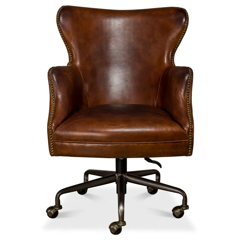 Alexander Swivel Office Chair with Nailhead Trim - Brown, Leather