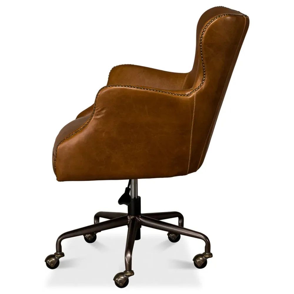 Alexander Swivel Office Chair with Nailhead Trim - Light Brown, Leather