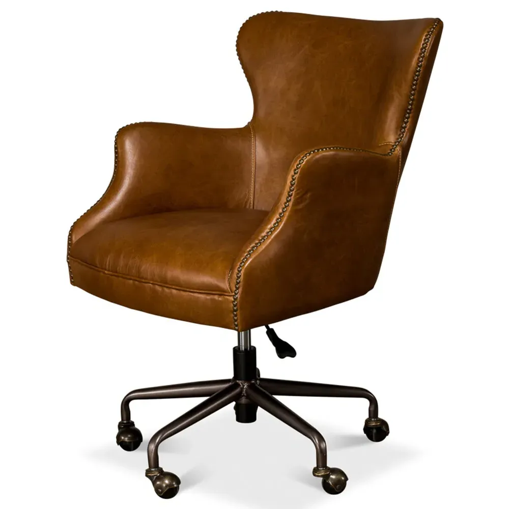 Alexander Swivel Office Chair with Nailhead Trim - Light Brown, Leather