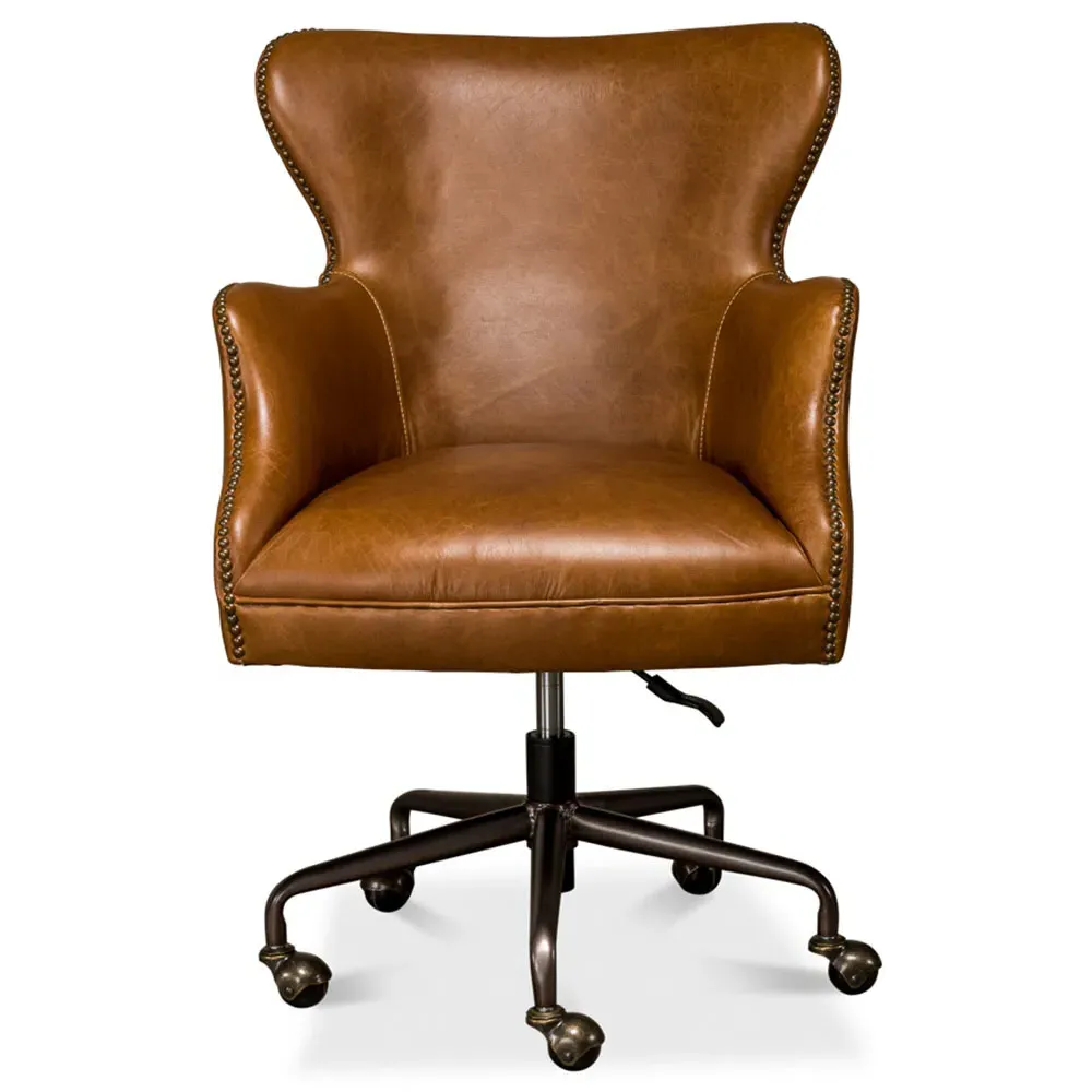Alexander Swivel Office Chair with Nailhead Trim - Light Brown, Leather