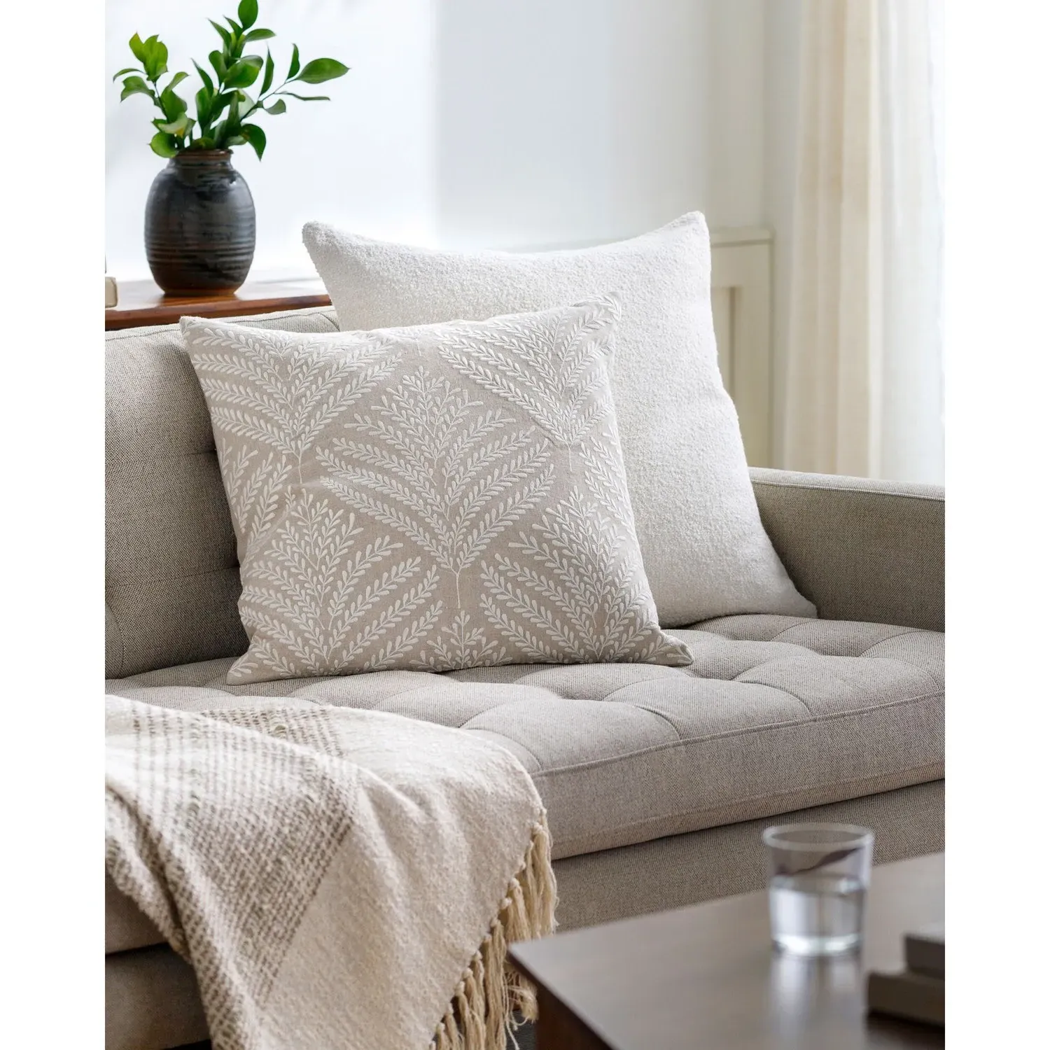 Alexine Square Embroidered Throw Pillow - Beige, Linen