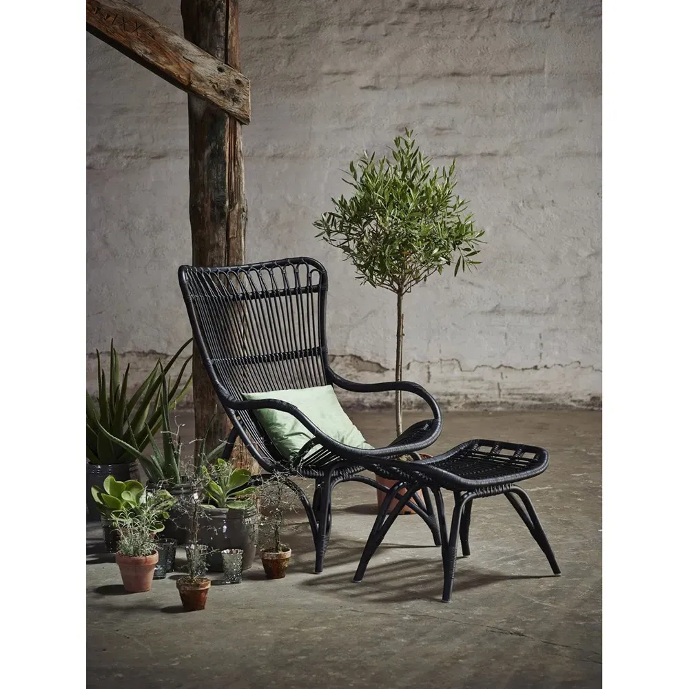Alexis Woven Rattan Arm Chair and Stool - Black