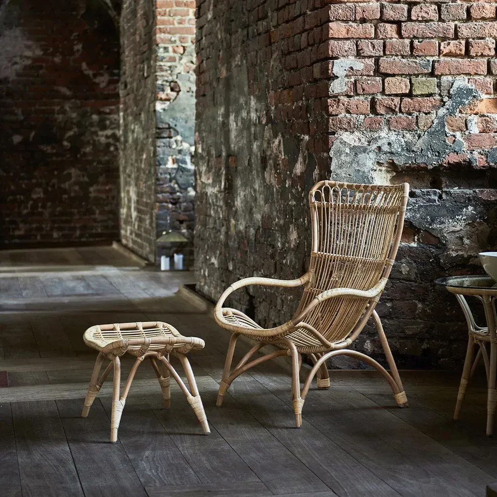 Alexis Woven Rattan Arm Chair and Stool - Natural Brown