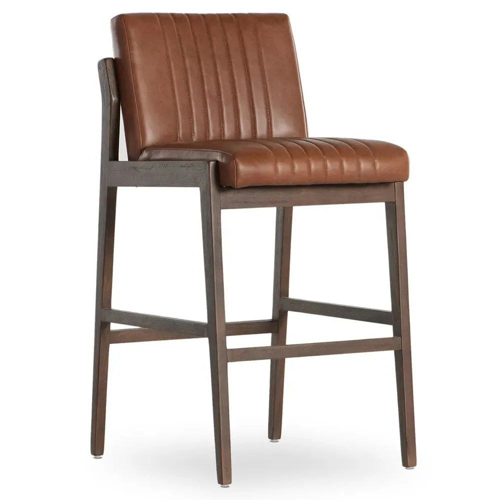 Ali Channel Tufted Bar Stool - Brown, Leather