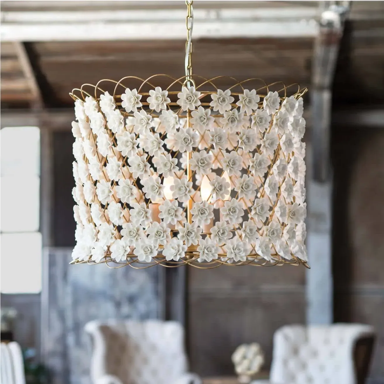 Alice Coastal Porcelain Flowers Chandelier - White, Gold