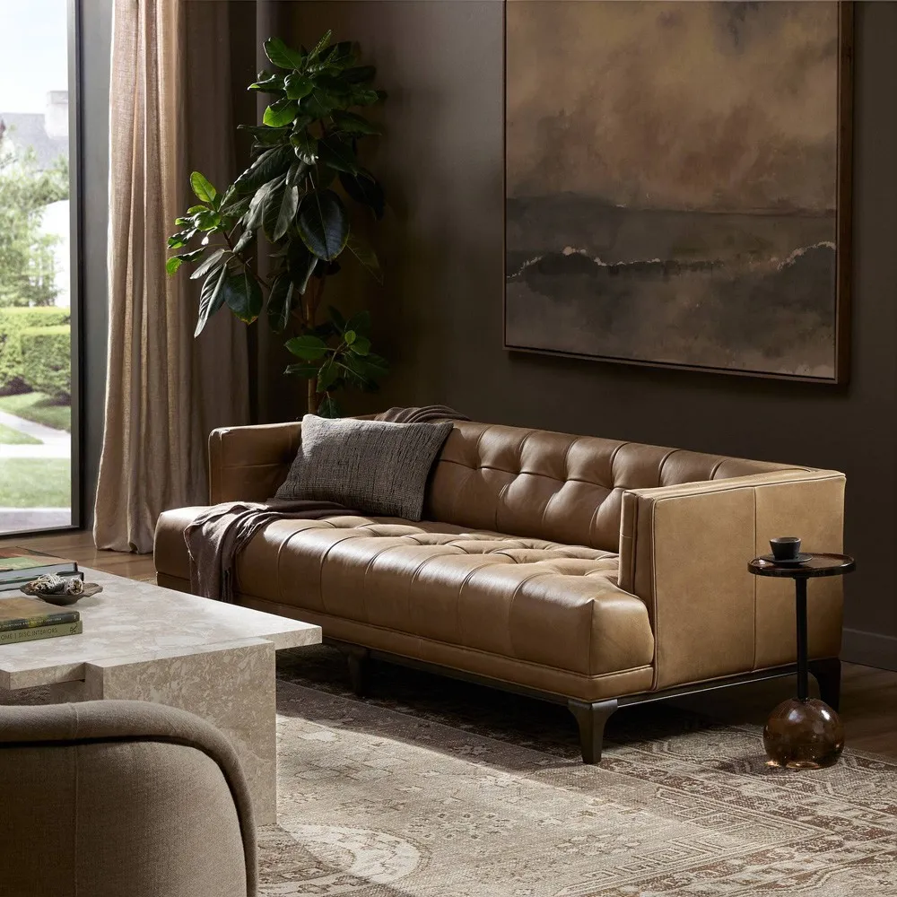Allen 3-Seater Tufted Sofa - Brown, Leather