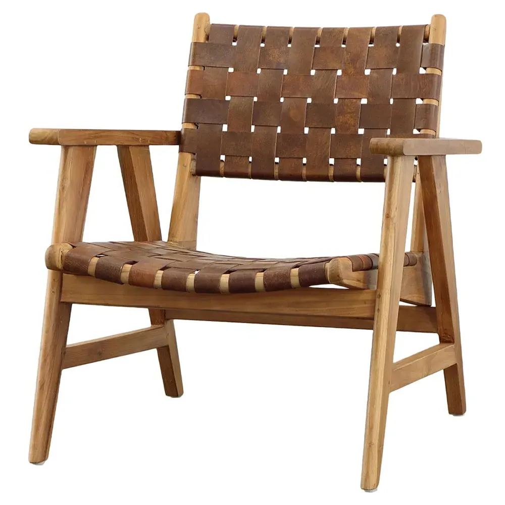 Alta Woven Leather Sling Arm Chair - Brown, Teak