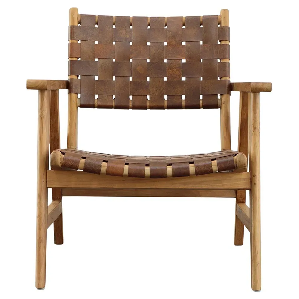 Alta Woven Leather Sling Arm Chair - Brown, Teak image