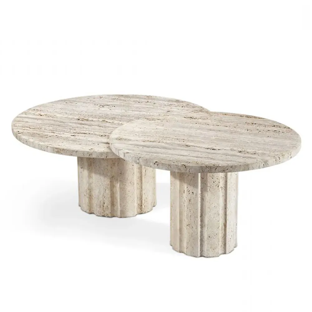 Amerigo Round Coffee Table Set - Cream, Travertine Marble