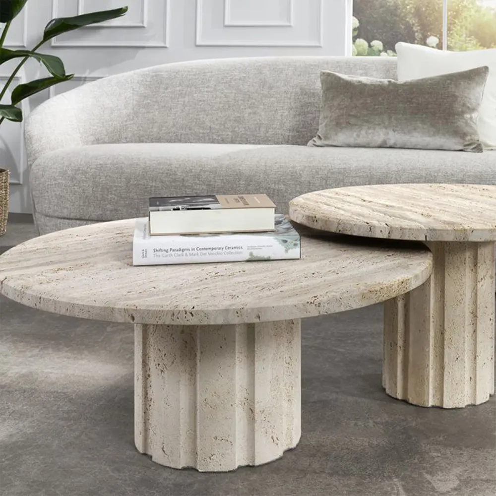 Amerigo Round Coffee Table Set - Cream, Travertine Marble