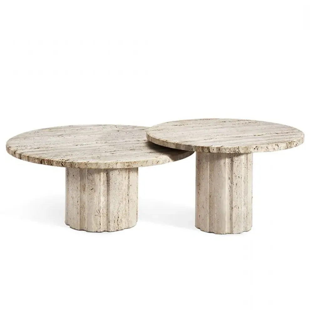 Amerigo Round Coffee Table Set - Cream, Travertine Marble