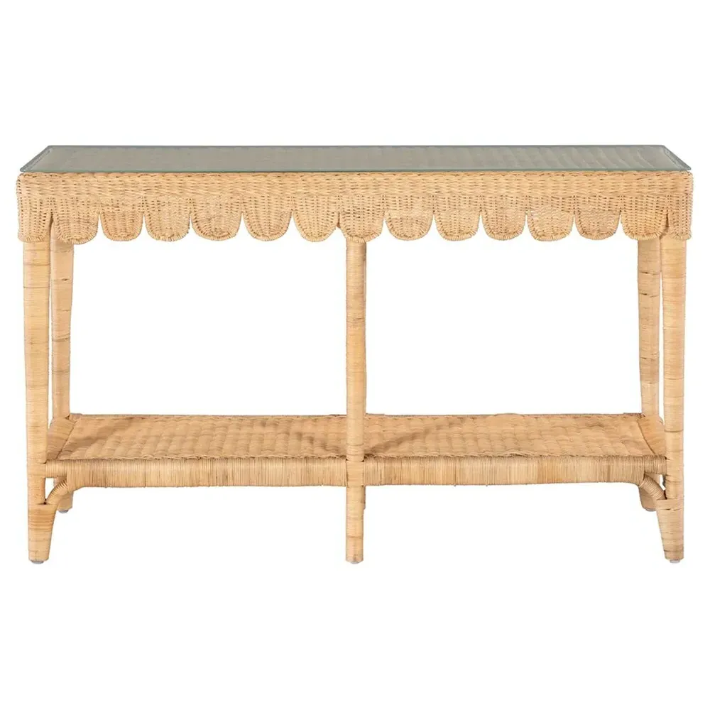 Anissa Rectangular Scalloped Console Table - Brown, Rattan