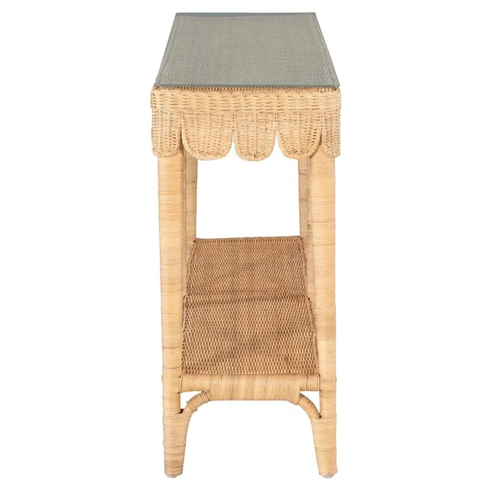 Anissa Rectangular Scalloped Console Table - Brown, Rattan