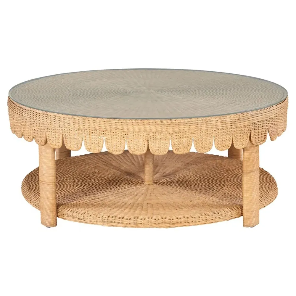Anissa Round Scalloped Coffee Table - Brown, Rattan