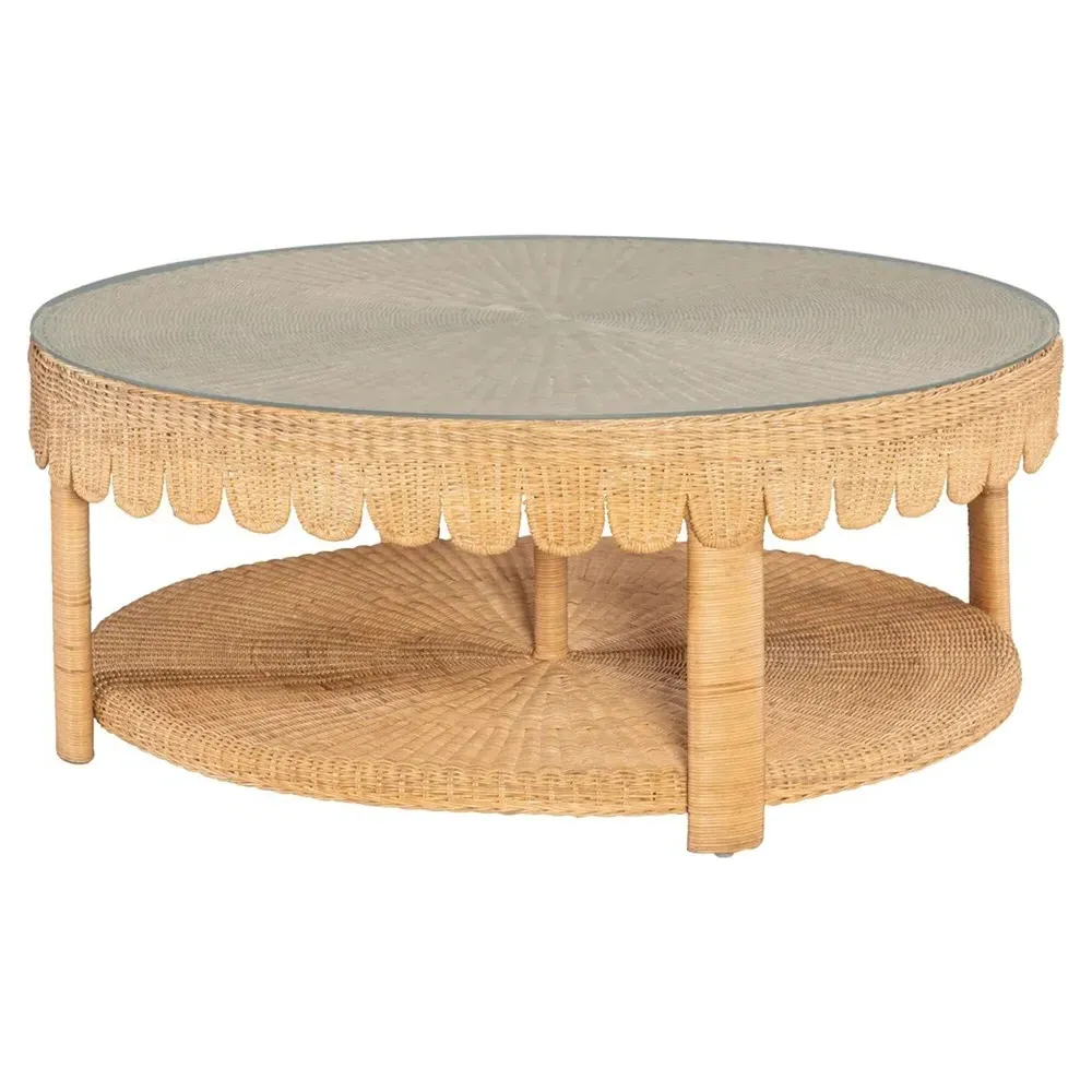Anissa Round Scalloped Coffee Table - Brown, Rattan