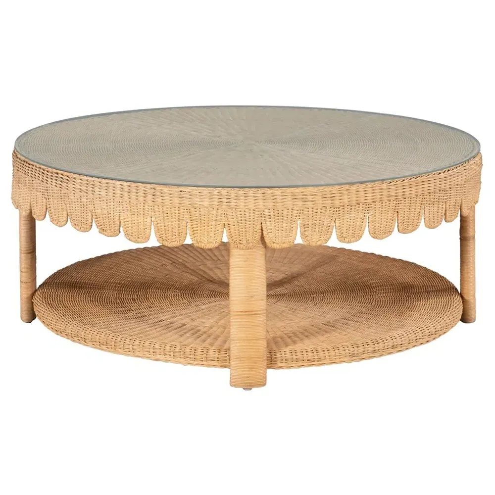 Anissa Round Scalloped Coffee Table - Brown, Rattan