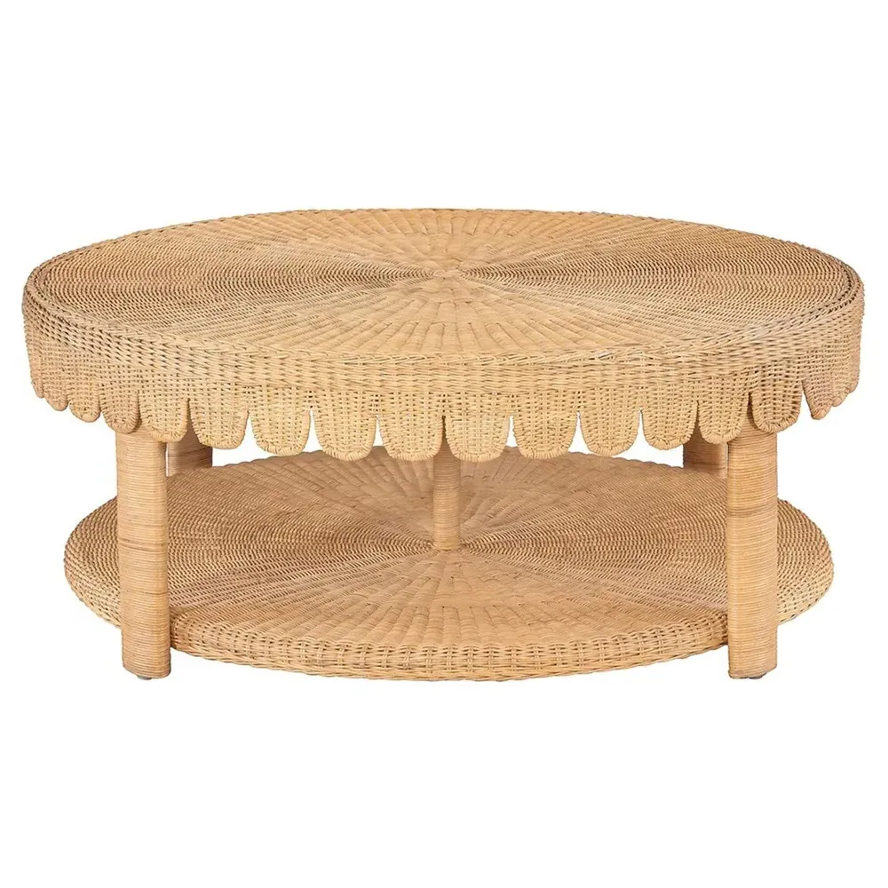 Anissa Round Scalloped Coffee Table - Brown, Rattan