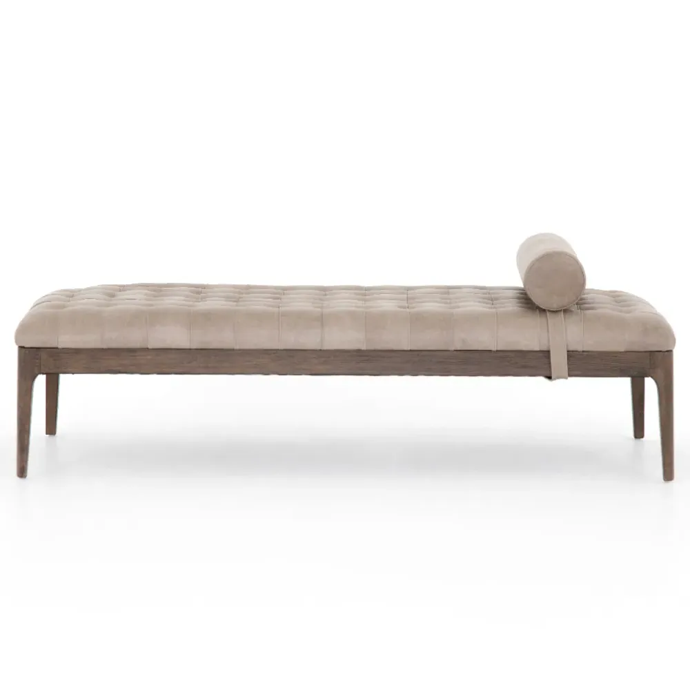 Anna Tufted Wood Bench - Grey, Leather