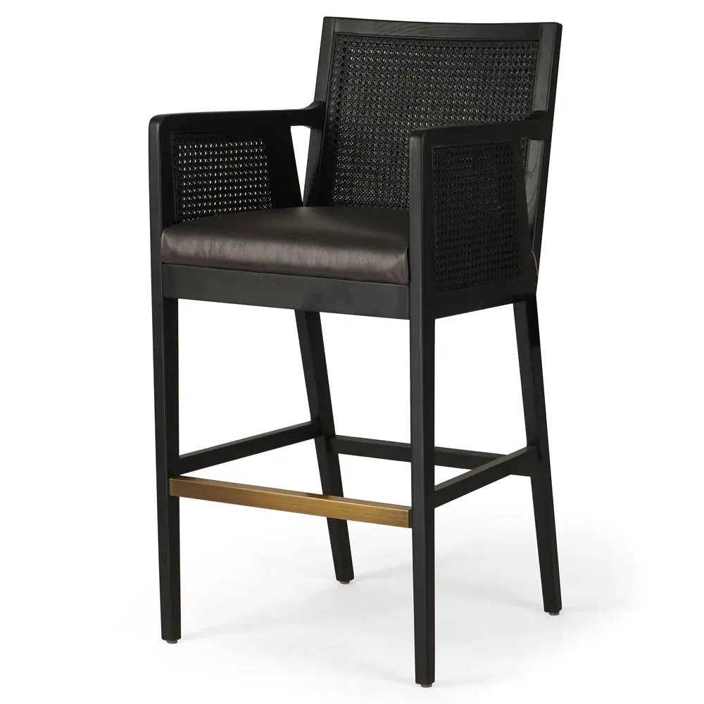 Annette Bar Stool with Cane Inlay - Black Leather, Ebony Oak