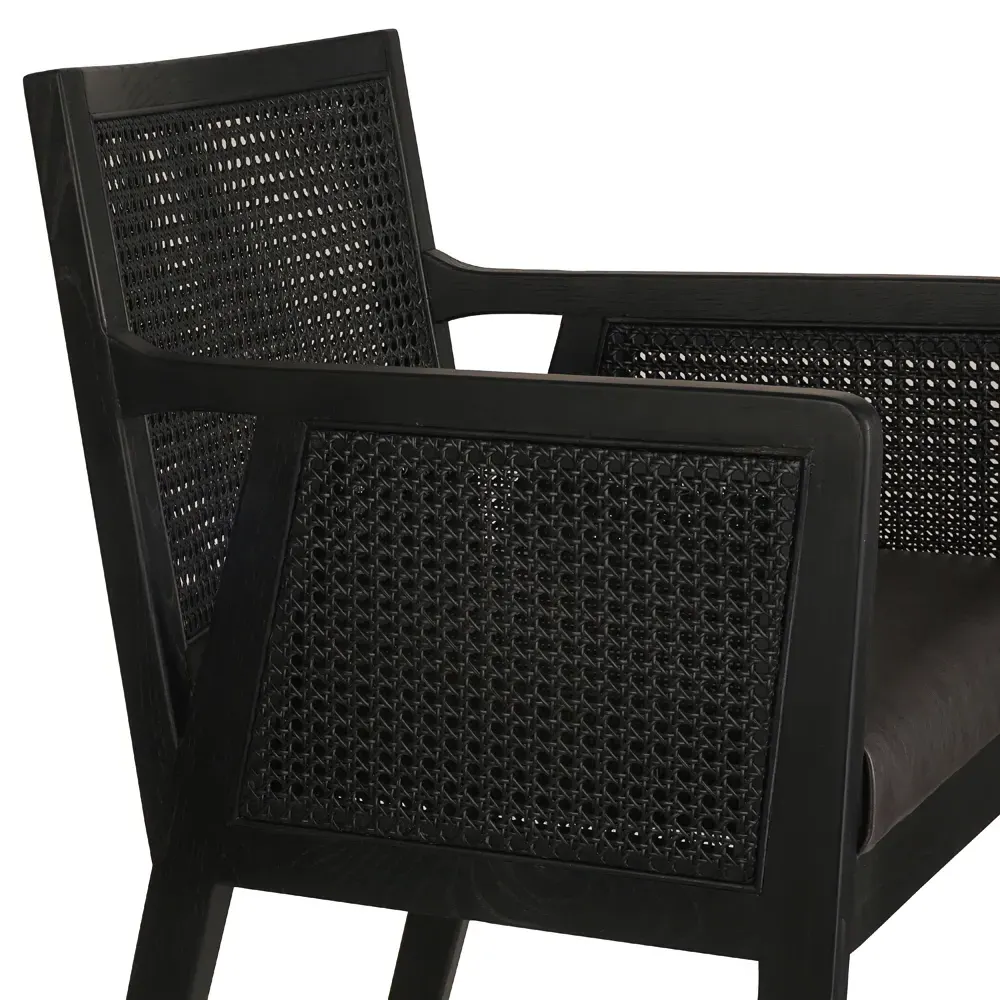 Annette Bar Stool with Cane Inlay - Black Leather, Ebony Oak