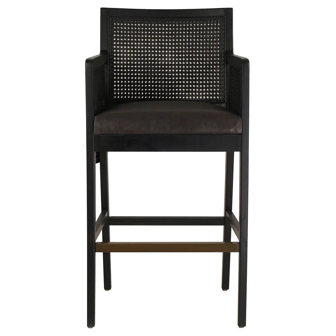 Annette Bar Stool with Cane Inlay - Black Leather, Ebony Oak image