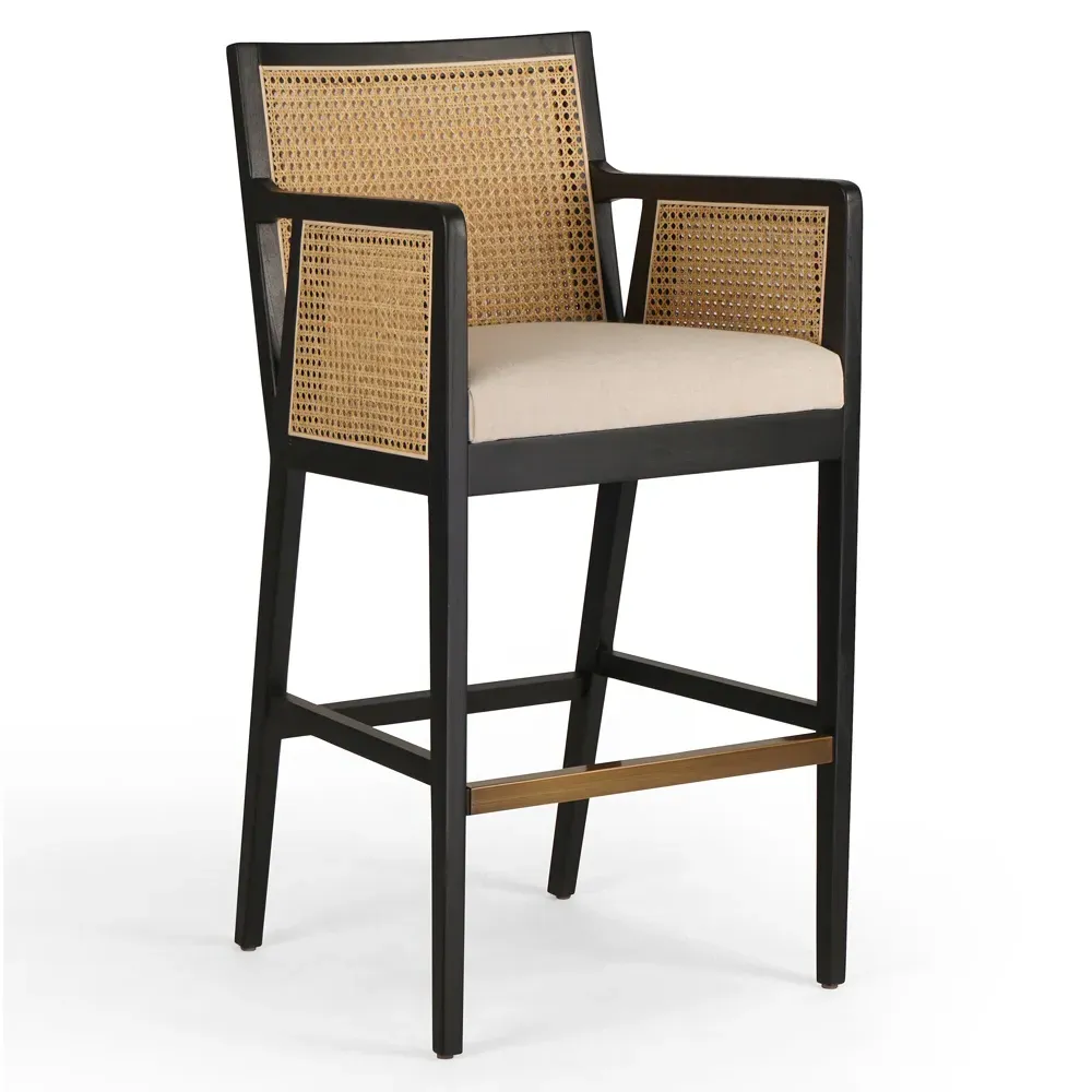Annette Bar Stool with Cane Inlay - Black, Wood