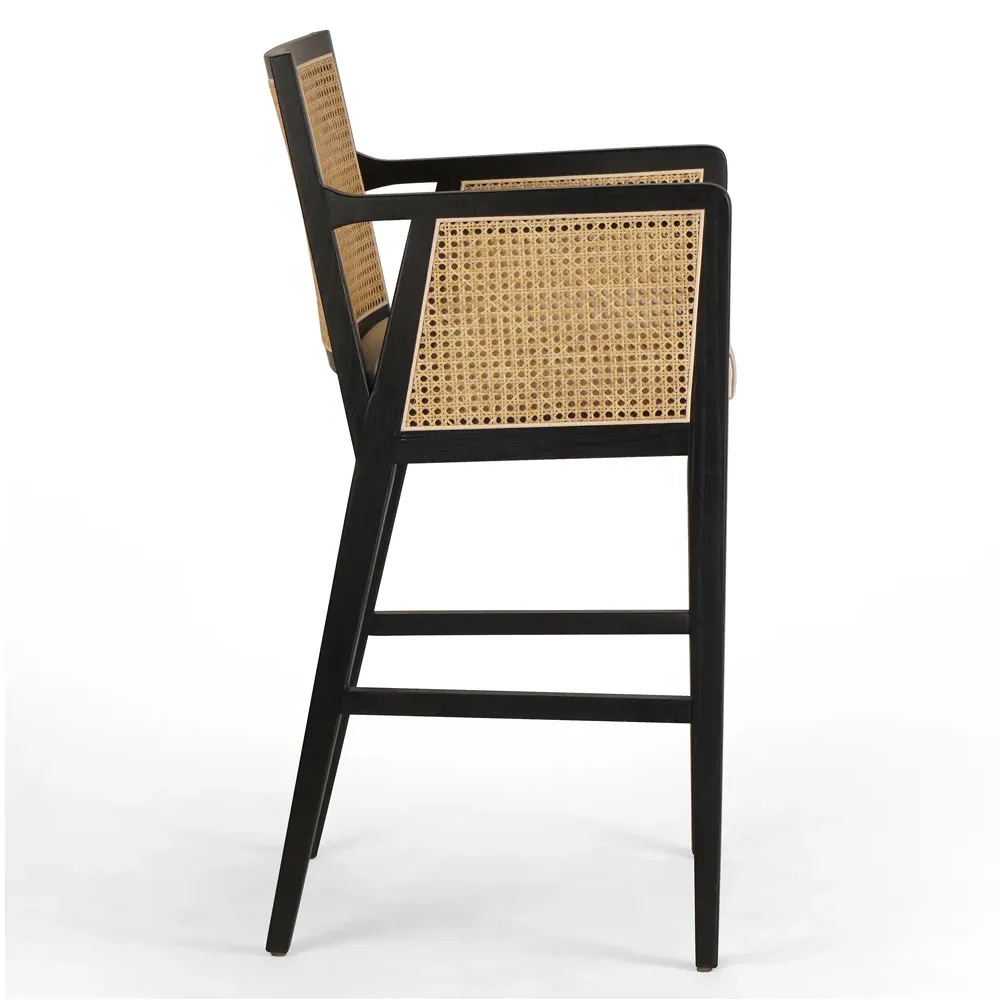 Annette Bar Stool with Cane Inlay - Black, Wood