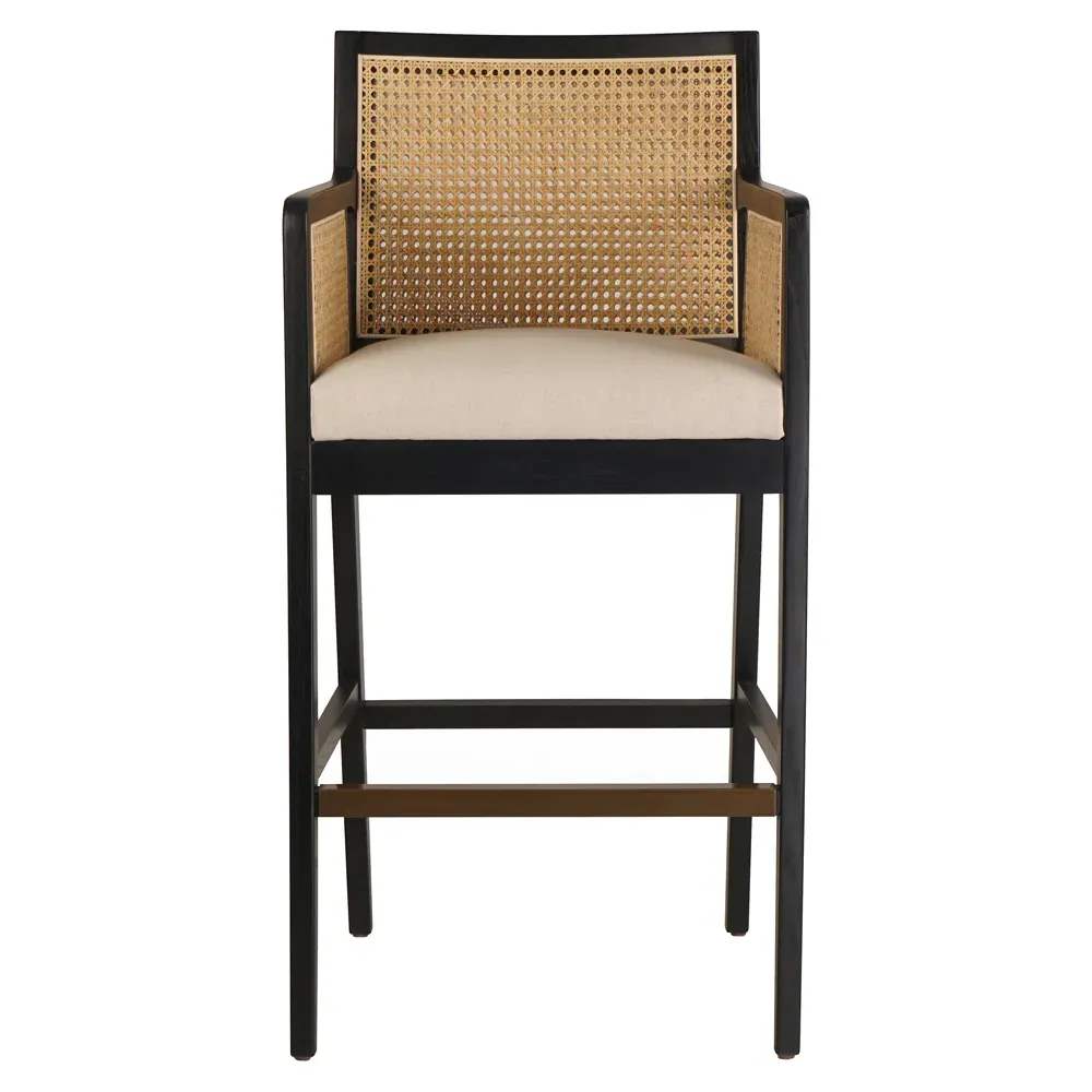 Annette Bar Stool with Cane Inlay - Black, Wood