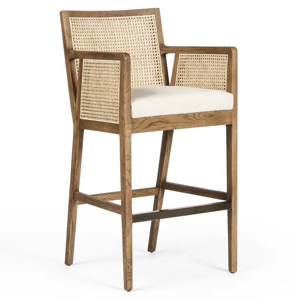 Annette Bar Stool with Cane Inlay - Brown, Wood