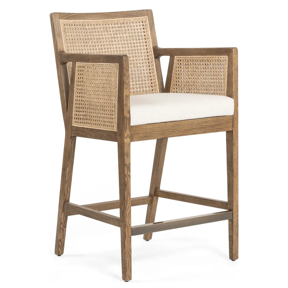 Annette Counter Stool with Cane Inlay - White, Brown Wood