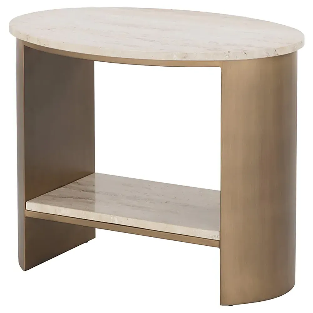 Aoife Oval End Table - Brown, Travertine