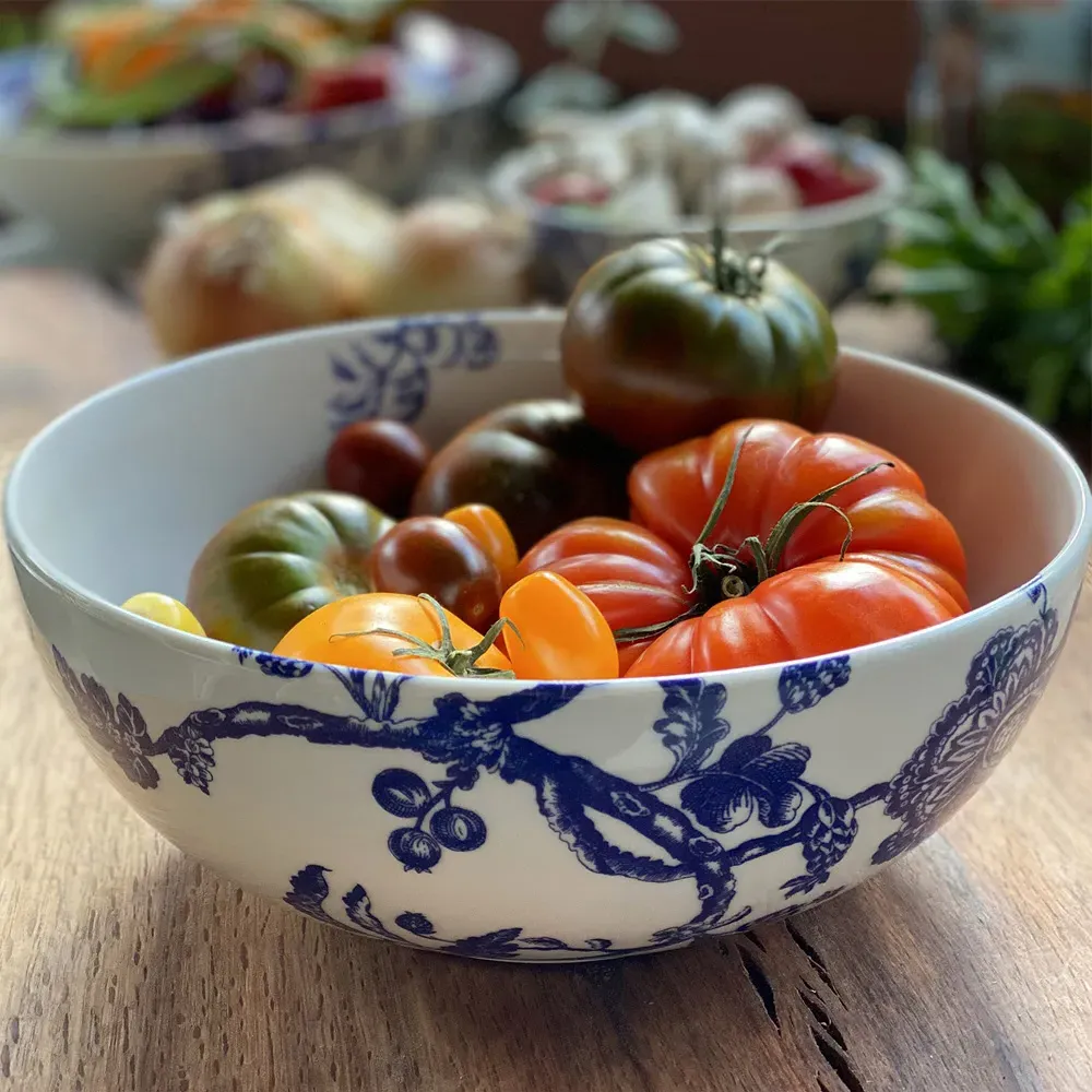 Arcadia Coastal Beach Blue Floral Vegetable Serving Bowl - White