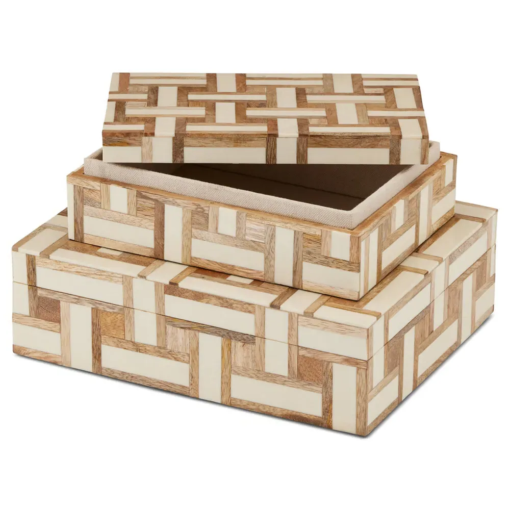 Arden Geometric Decorative Box Set - Beige, Wood