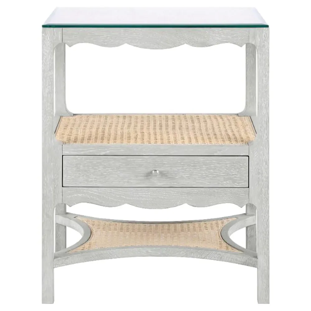Arianna Glass Top Cane Nightstand - Grey, Oak image
