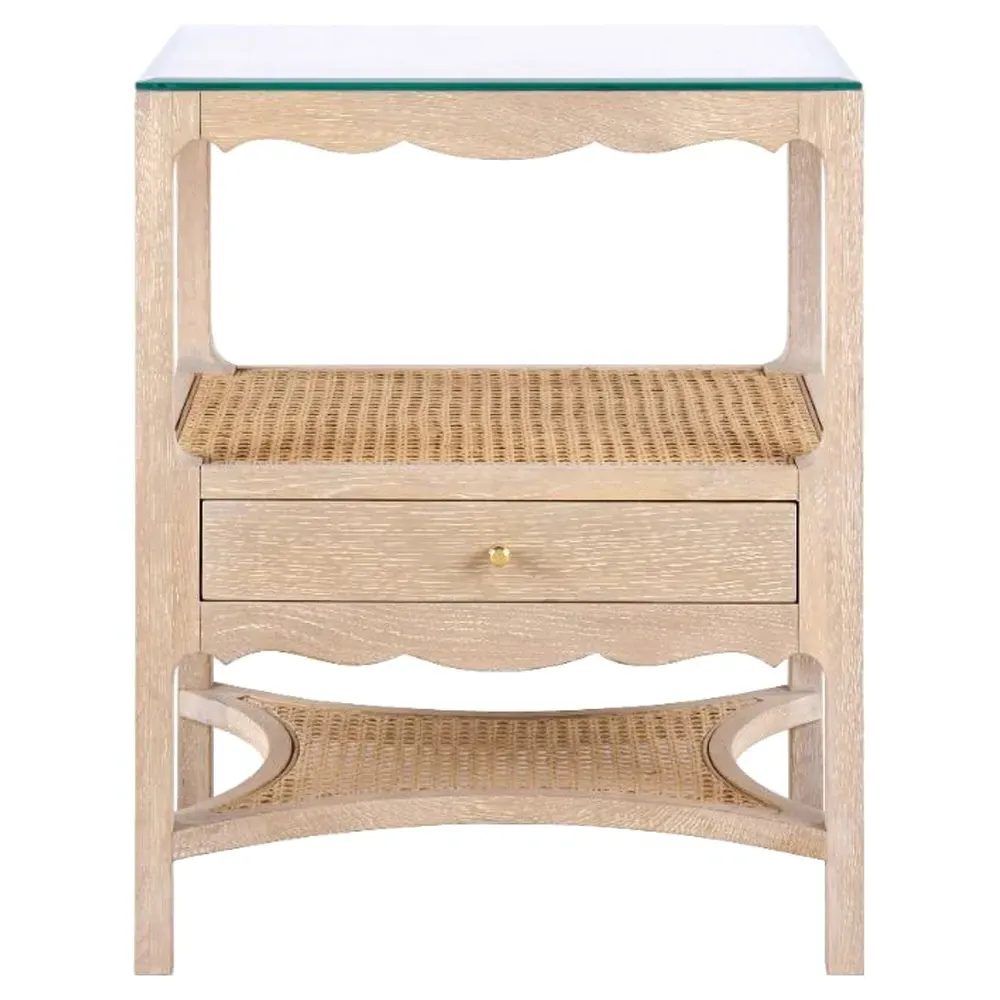 Arianna Glass Top Cane Nightstand - Sand, Oak