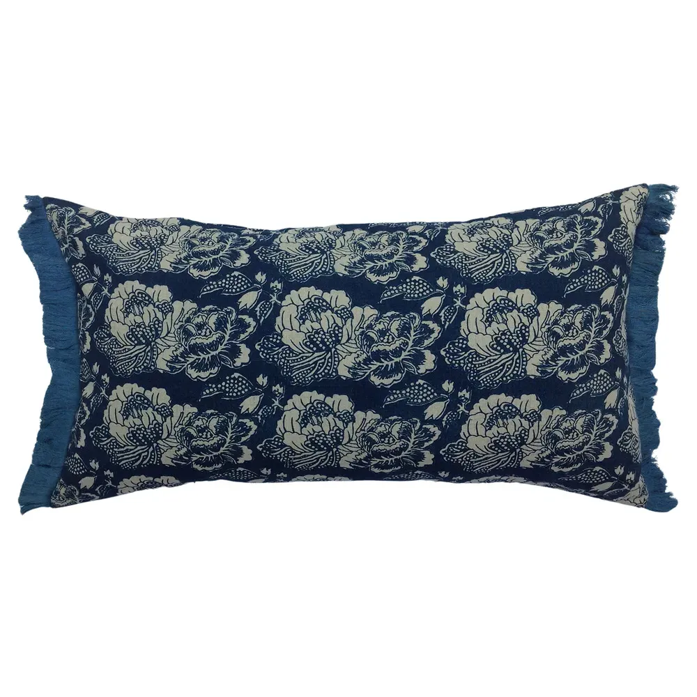 Ariella Floral Lumbar Pillow Cover - Blue, Linen