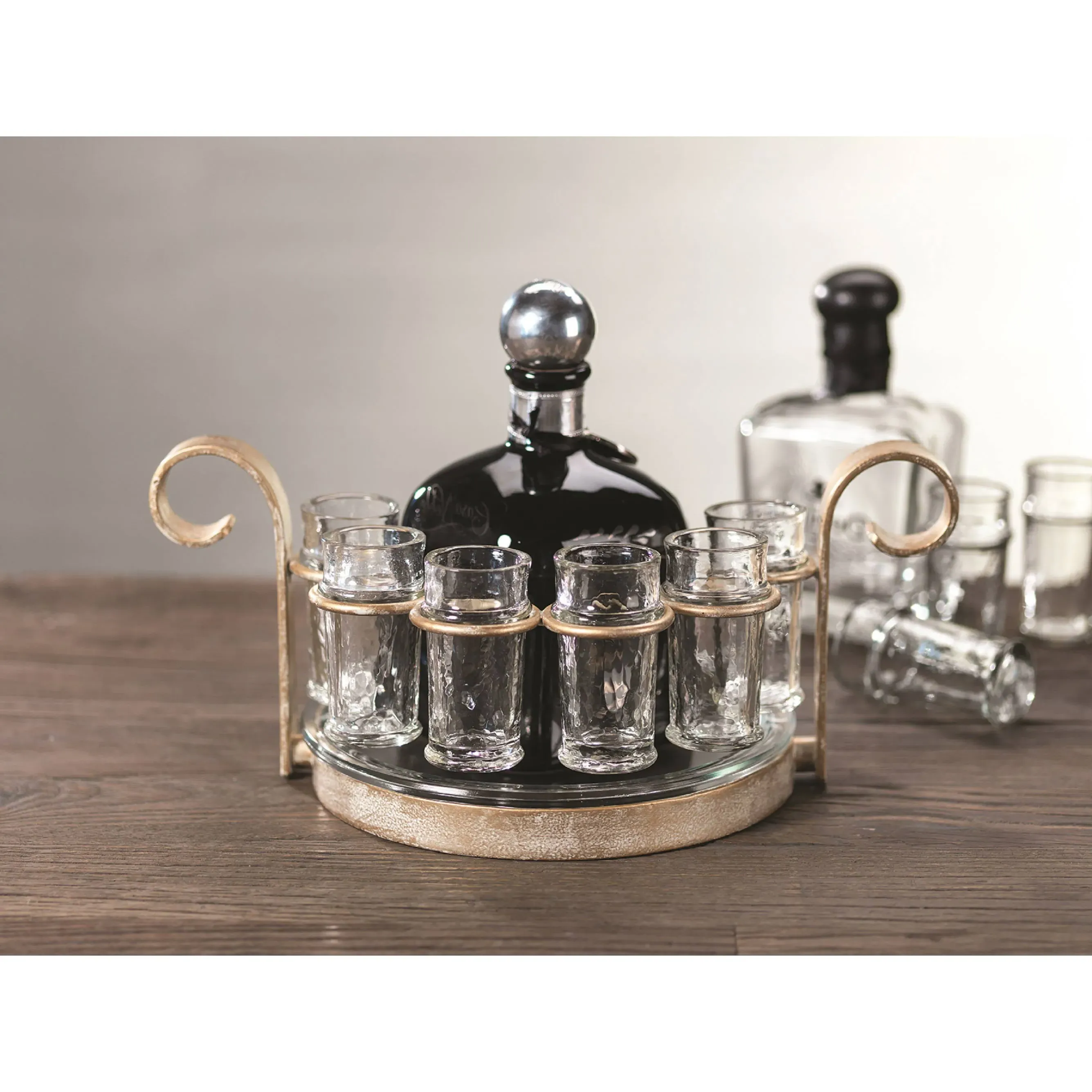 Ashley Six Shot Glasses with Caddy Tray Set - Gold, Glass