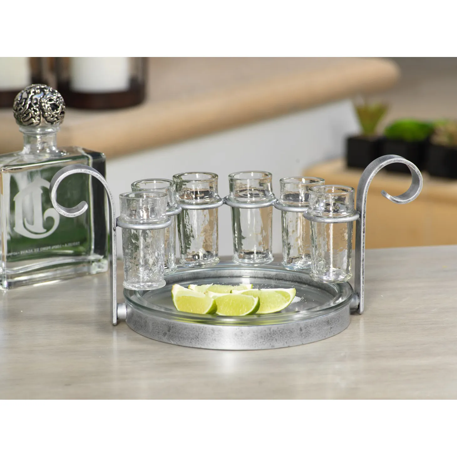 Ashley Six Shot Glasses with Caddy Tray Set - Silver, Glass