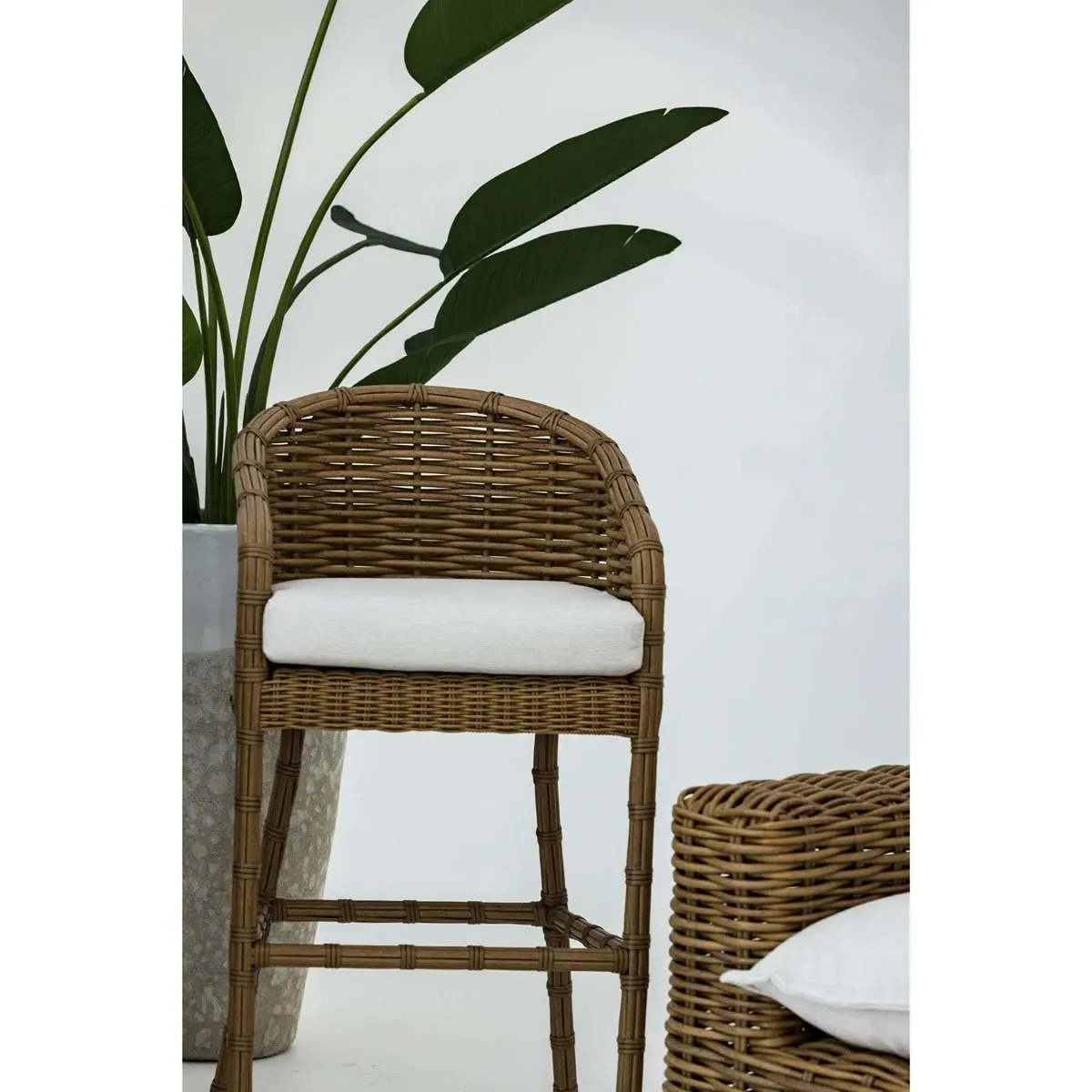 Astra Woven Wicker Outdoor Bar Stool - Beige, Sunbrella