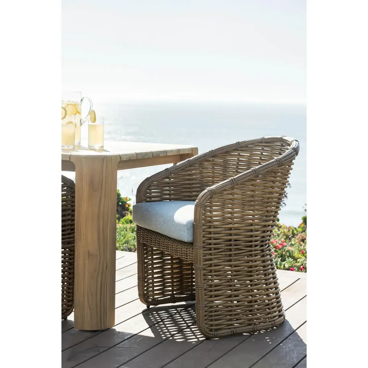 Astra Woven Wicker Outdoor Dining Arm Chair - Beige, Sunbrella