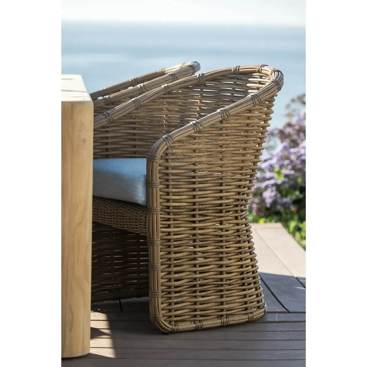 Astra Woven Wicker Outdoor Dining Arm Chair - Beige, Sunbrella